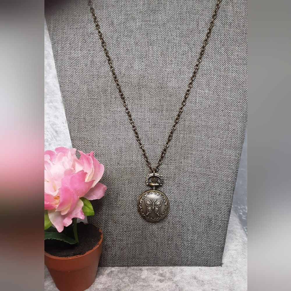 Handmade Pocket Watch Necklace 27" Long Bronze Butterfly